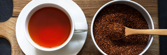 Rooibos plants in field, cup of rooibos tea, and rooibos with spoon