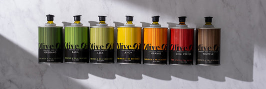 Fused Olive Oils: Oregano, Basil, Leek, Lemon, Orange, Chili Pepper, Truffle.