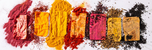 Color options for naturally dyed tshirts: shades of red, pink, yellow, oranges, and browns, made with spices