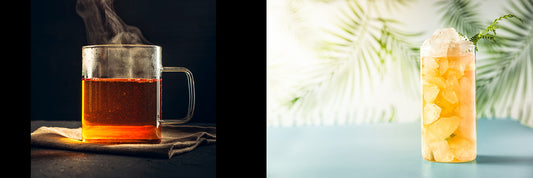 Hot tea and mug next to iced tea in glass.