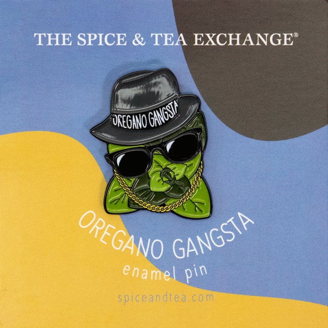 Oregano Gangsta Enamel Pin on cardboard holder